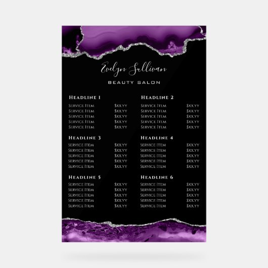 Paarse zilveren agaat prijslijst acryl teken acryl bord (Voorkant)