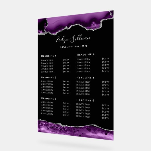 Paarse zilveren agaat prijslijst acryl teken acryl bord (Hoek)