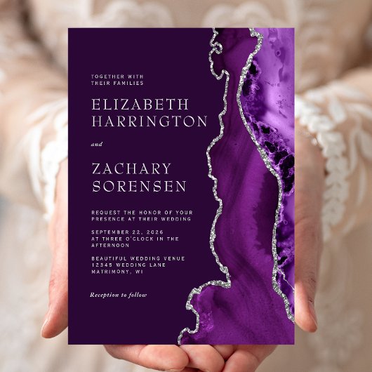 Paarse zilveren agaat pruim bruiloft kaart