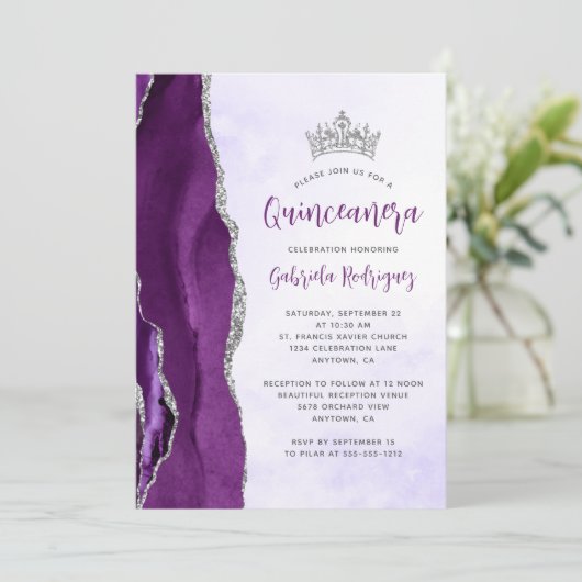 Paarse zilveren agaat Waterverf Quinceañera Kaart (Staand voorkant)