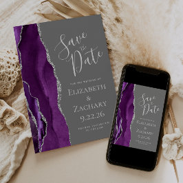Paarse Zilveren Agaatgrijze Save the Date Kaart