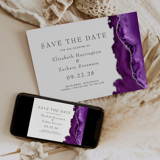 Paarse Zilveren Agate Save the Date Kaart