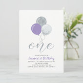 Paarse, Zilveren ballon Een Eerste Meisjesfeest Kaart (Staand voorkant)
