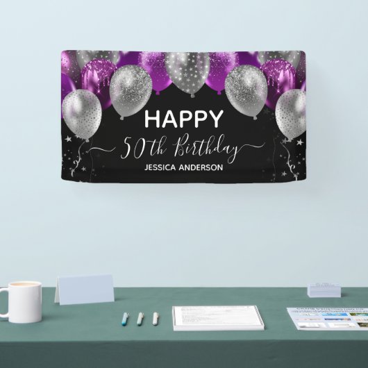 Paarse Zilveren Ballonnen Banner 50e Verjaardag (Beurs)