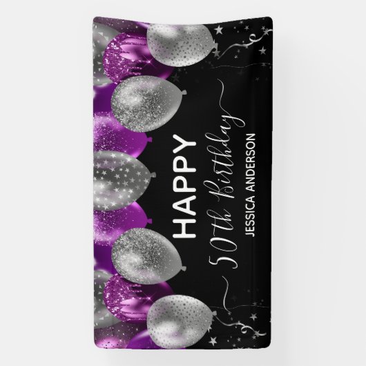 Paarse Zilveren Ballonnen Banner 50e Verjaardag (Verticaal)