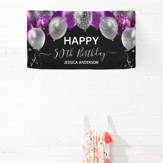 Paarse Zilveren Ballonnen Banner 50e Verjaardag (Insitu)