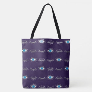 Paarse & Zilveren Blauwe Evil Eye wimpers Nazar Ma Tote Bag