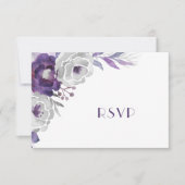 Paarse zilveren bloem | entree + genodigden RSVP kaartje (Voorkant)