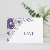 Paarse zilveren bloem | entree + genodigden RSVP kaartje (Staand voorkant)