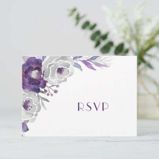 Paarse zilveren bloem | entree + genodigden RSVP kaartje (Staand voorkant)