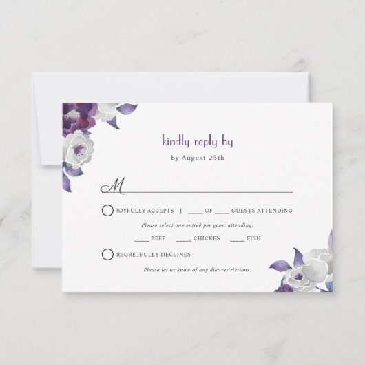 Paarse zilveren bloem | entree + genodigden RSVP kaartje (Achterkant)
