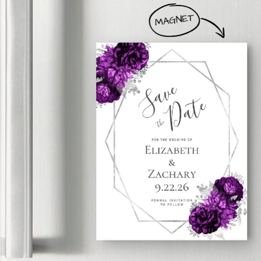 Paarse Zilveren Bloem Magnetische Save the Date