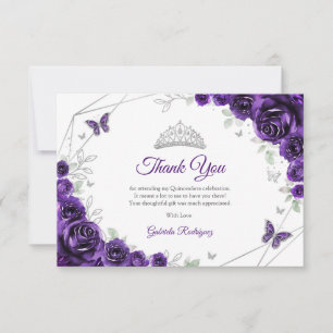 Paarse Zilveren Bloem Quinceanera Bedankkaart
