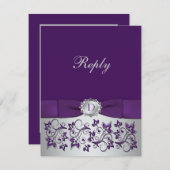 Paarse, Zilveren Bloem Slinger Huwelijksreactiekaa RSVP Kaartje (Voorkant / Achterkant)