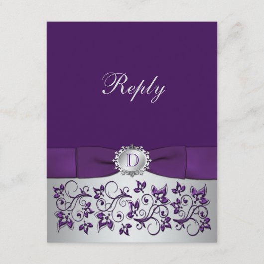 Paarse, Zilveren Bloem Slinger Huwelijksreactiekaa RSVP Kaartje (Voorkant)