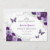Paarse Zilveren Bloem Sweet Sixteen Save the Date Aankondiging (Voorkant)