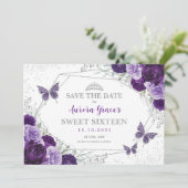 Paarse Zilveren Bloem Sweet Sixteen Save the Date Aankondiging (Staand voorkant)