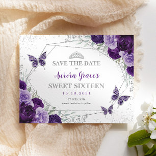 Paarse Zilveren Bloem Sweet Sixteen Save the Date Aankondiging