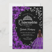 Paarse Zilveren Bloem Vlinders Quinceanera Kaart (Voorkant)