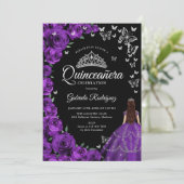 Paarse Zilveren Bloem Vlinders Quinceanera Kaart (Staand voorkant)