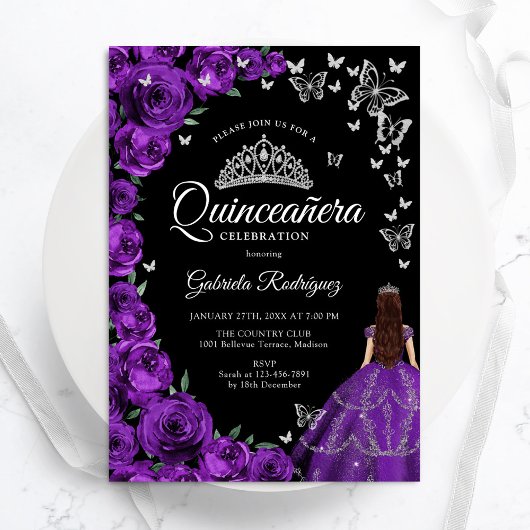 Paarse Zilveren Bloem Vlinders Quinceanera Kaart