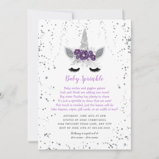 Paarse Zilveren Bloemen Eenhoorn Baby Sprinkle Kaart (Voorkant)