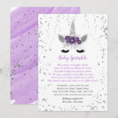 Paarse Zilveren Bloemen Eenhoorn Baby Sprinkle Kaart (Voorkant / Achterkant)
