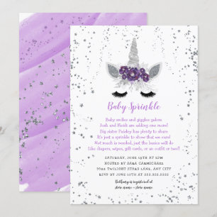 Paarse Zilveren Bloemen Eenhoorn Baby Sprinkle Kaart