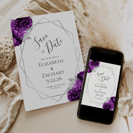 Paarse Zilveren Bloemen Geometrisch Wit Bewaar de  Save The Date