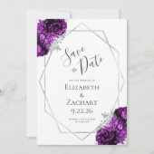 Paarse Zilveren Bloemen Geometrisch Wit Bewaar de  Save The Date (Voorkant)