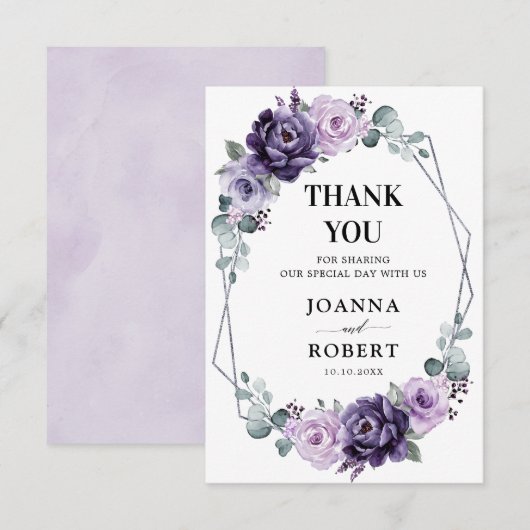 Paarse zilveren bloemen Geometrische bruiloft Bedankkaart (Voorkant / Achterkant)