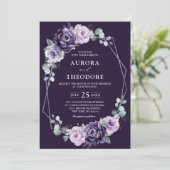 Paarse zilveren bloemen Geometrische bruiloft Kaart (Staand voorkant)