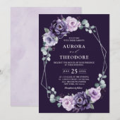 Paarse zilveren bloemen Geometrische bruiloft Kaart (Voorkant / Achterkant)