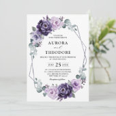 Paarse zilveren bloemen Geometrische bruiloft Kaart (Staand voorkant)