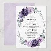 Paarse zilveren bloemen Geometrische bruiloft Kaart (Voorkant / Achterkant)