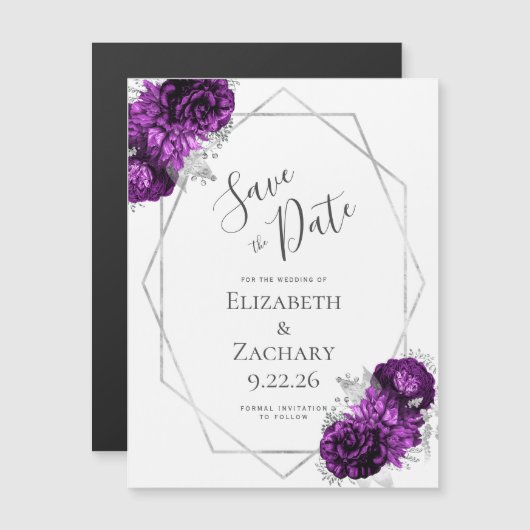 Paarse Zilveren Bloemen Magnetisch Bewaar de Datum (Voorkant / Achterkant)