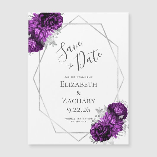 Paarse Zilveren Bloemen Magnetisch Bewaar de Datum (Voorkant)