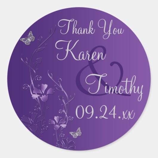 Paarse, Zilveren Bloemen met Vlinders Sticker 2 (Voorkant)