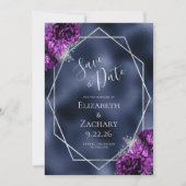 Paarse Zilveren Bloemen Navy Blue Folie Save the D Date (Voorkant)