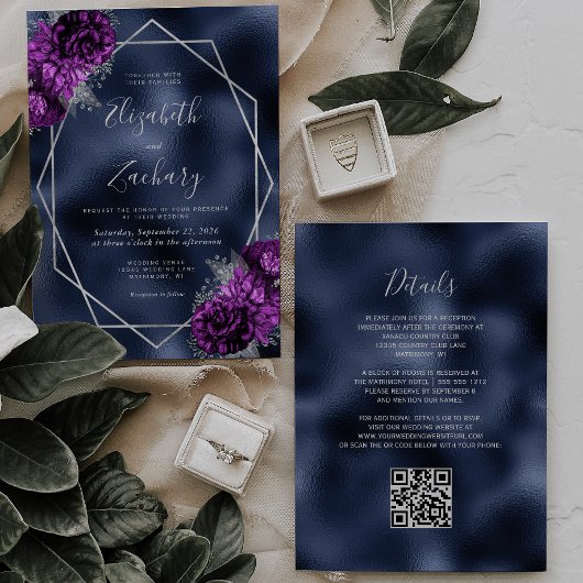 Paarse Zilveren Bloemen Navy Folie QR Code Huwelij Kaart