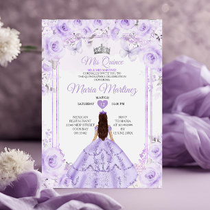 Paarse & Zilveren Bloemen Prinses Quiñceanera Kaart