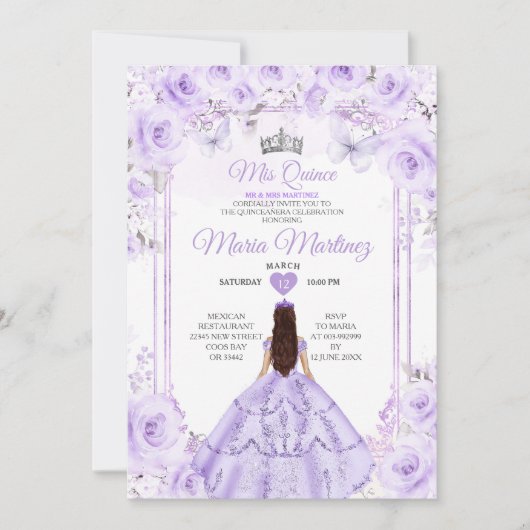 Paarse & Zilveren Bloemen Prinses Quiñceanera Kaart (Voorkant)