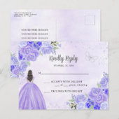 Paarse Zilveren Bloemen Prinses Quinceañera RSVP Briefkaart (Voorkant / Achterkant)