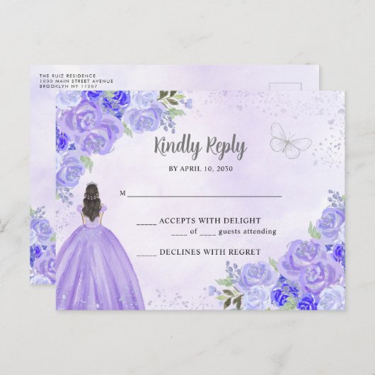 Paarse Zilveren Bloemen Prinses Quinceañera RSVP Briefkaart (Voorkant / Achterkant)