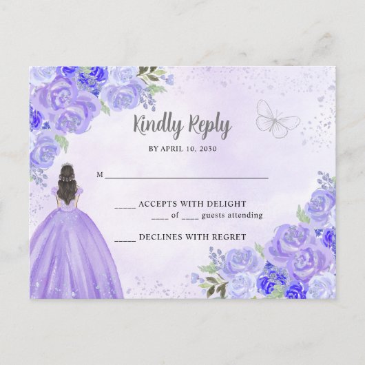Paarse Zilveren Bloemen Prinses Quinceañera RSVP Briefkaart (Voorkant)