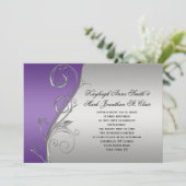 Paarse zilveren bloemen swirls bruiloft kaart (Staand voorkant)