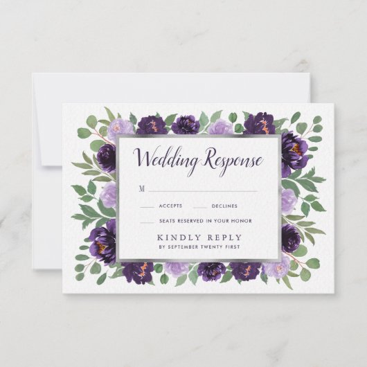 Paarse Zilveren Bloemen Waterverf Bruiloft RSVP Ka (Voorkant)