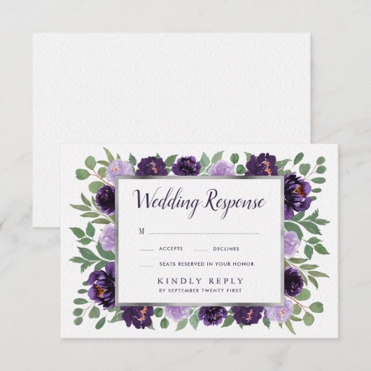 Paarse Zilveren Bloemen Waterverf Bruiloft RSVP Ka (Voorkant / Achterkant)