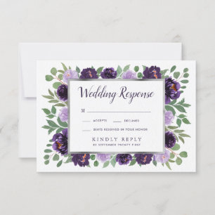 Paarse Zilveren Bloemen Waterverf Bruiloft RSVP Ka Kaartje