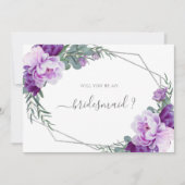 Paarse & zilveren bloemen word je mijn bruidsmeisj kaart (Voorkant)